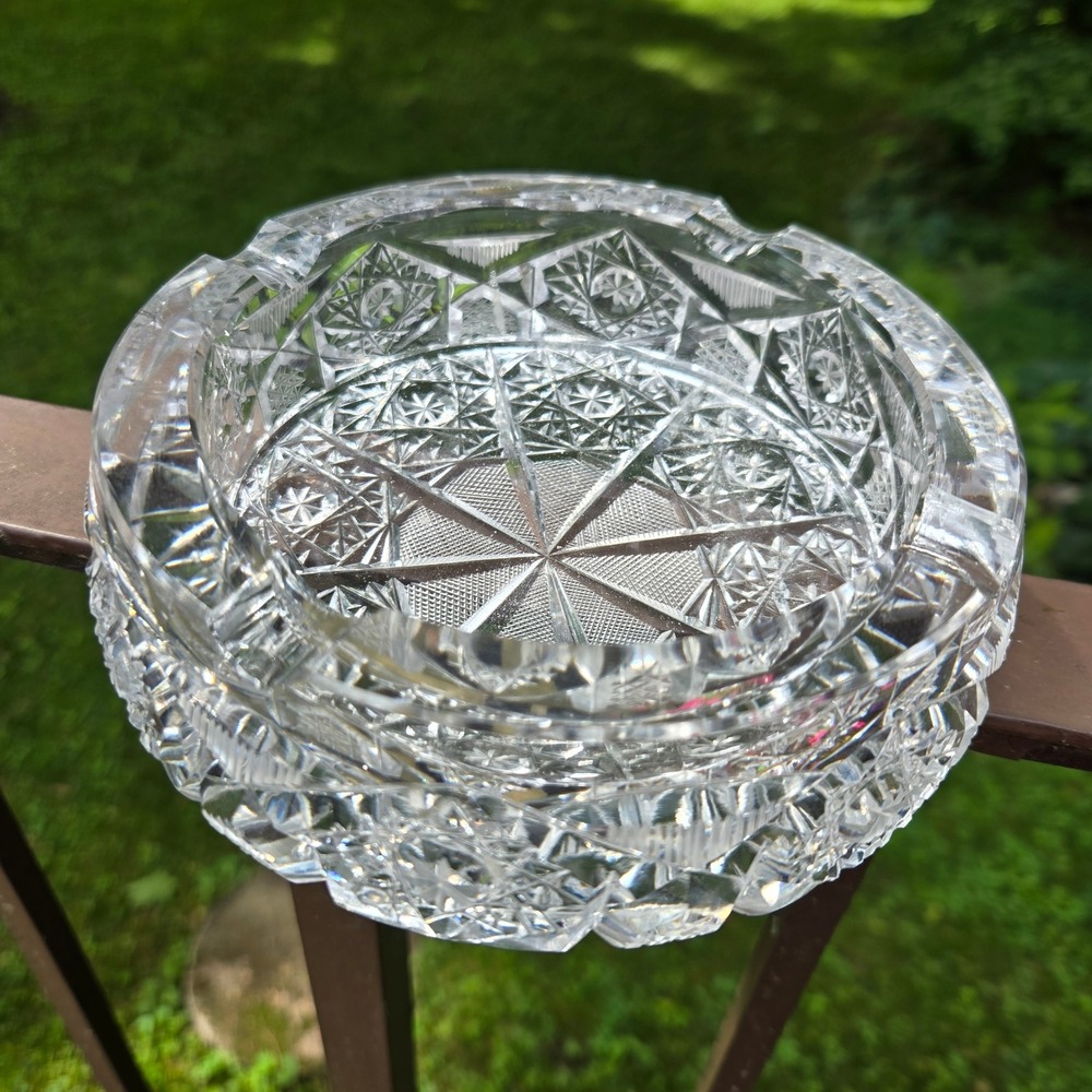 Vintage Crystal Ashtray 6" Clear Heavy Cut Glass Starburst Ornate MCM lounge Bar